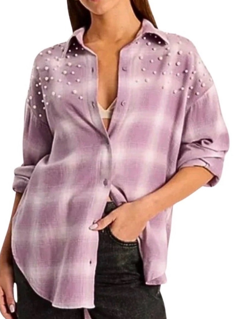 Express Lavender Plaid Button-Down Shirt with Stud Accents